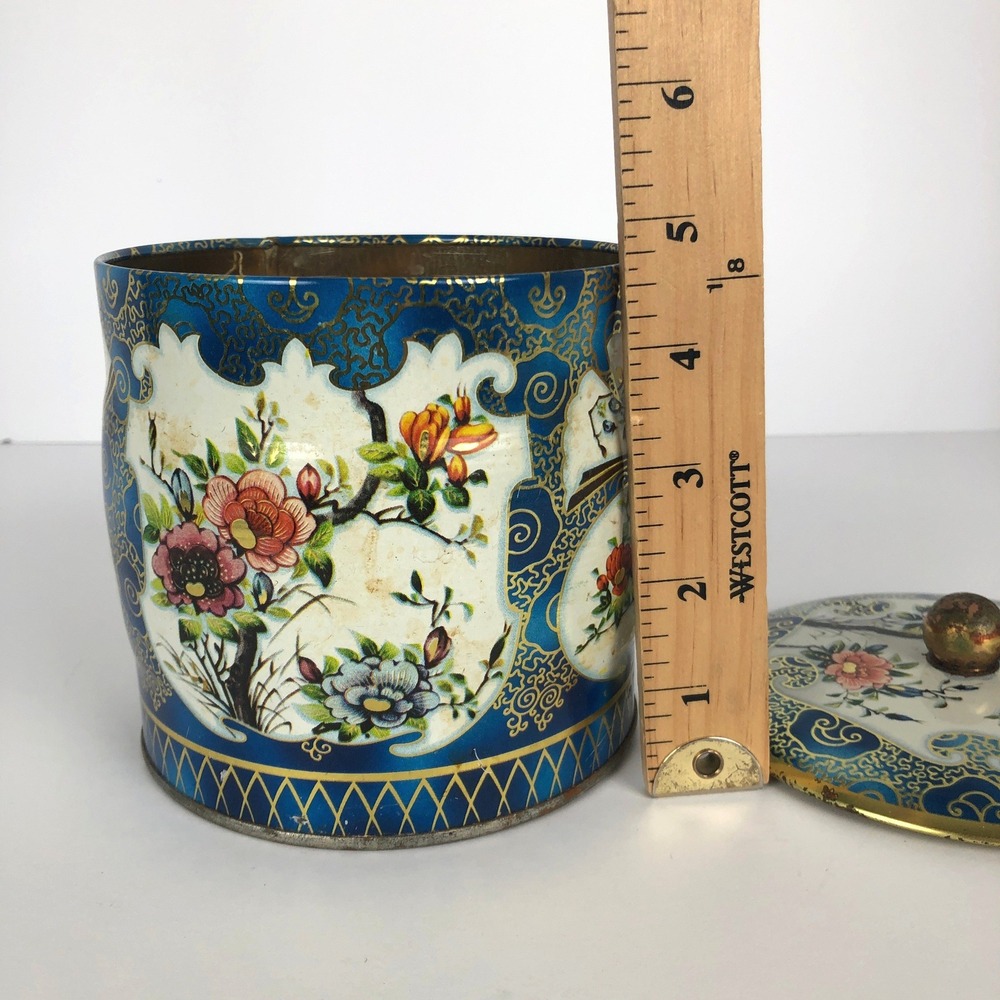 VTG Daher England Floral Tin Canister Blue Gold Chinoiserie 11101 5.5 inch - Picture 8 of 11